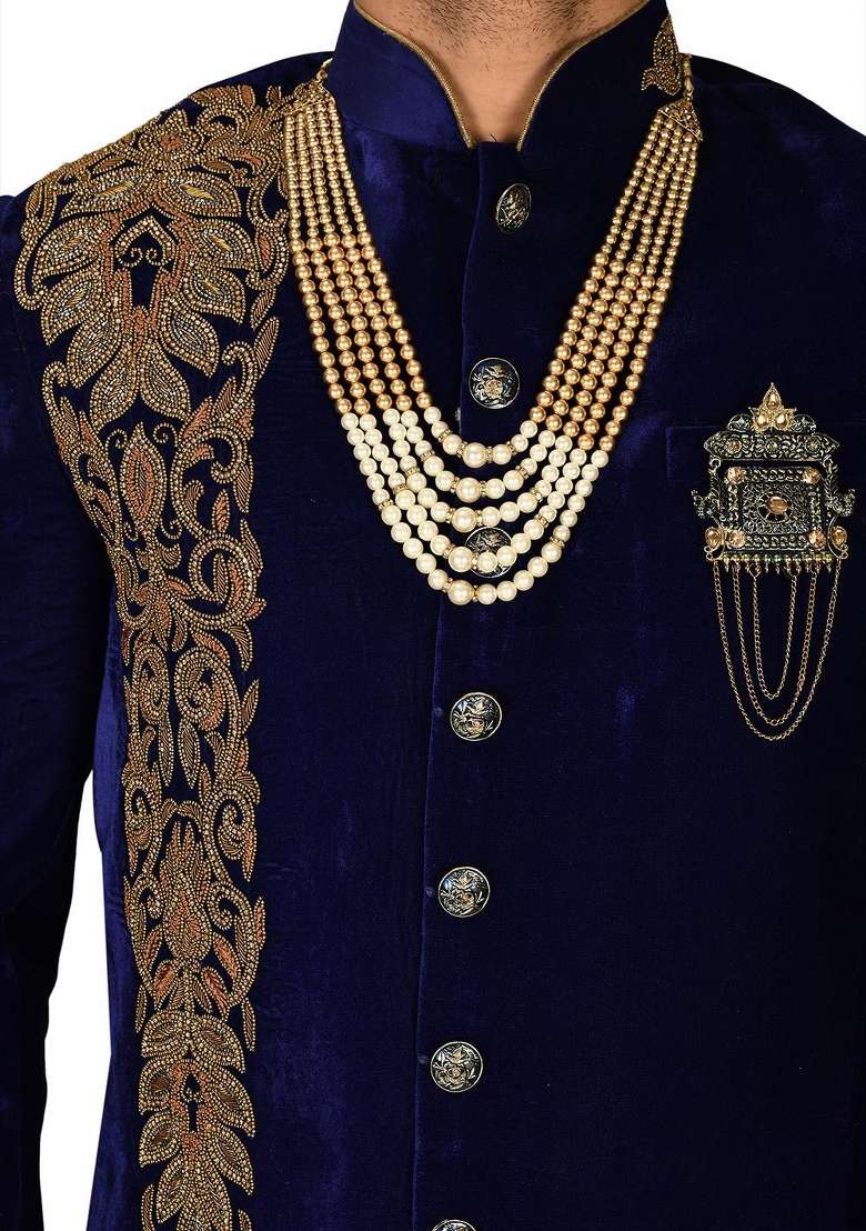 Royal Blue Embroidered Velvet Indo Western Sherwani For Men - Indya
