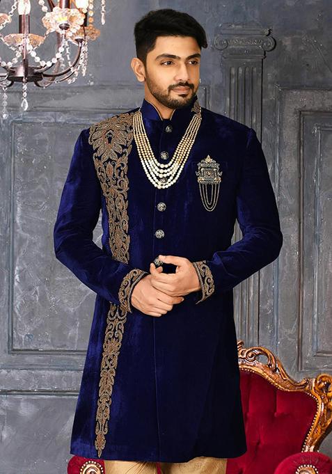 Royal Blue Embroidered Velvet Indo Western Sherwani For Men — view on Indya