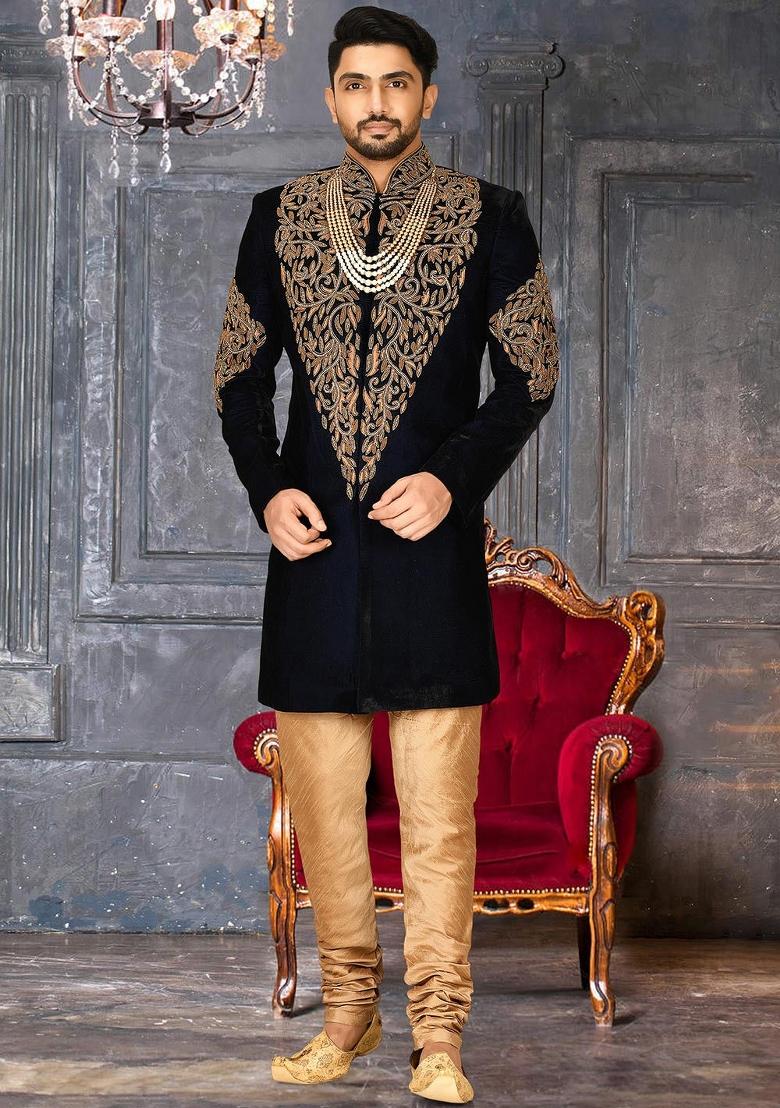 Royal Blue Embroidered Velvet Indo Western Sherwani Set For Men