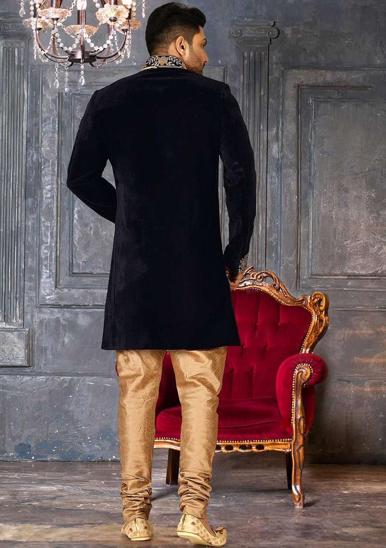 Royal Blue Embroidered Velvet Indo Western Sherwani Set For Men - Indya