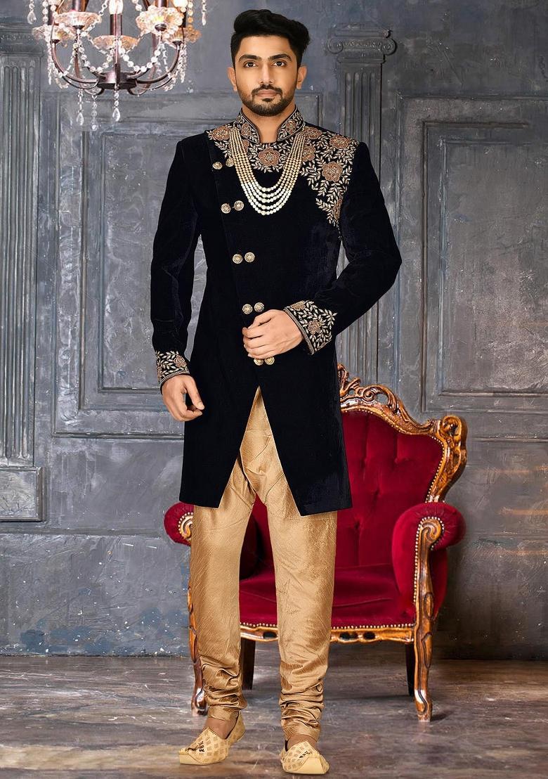 Royal Blue Embroidered Velvet Indo Western Sherwani Set For Men