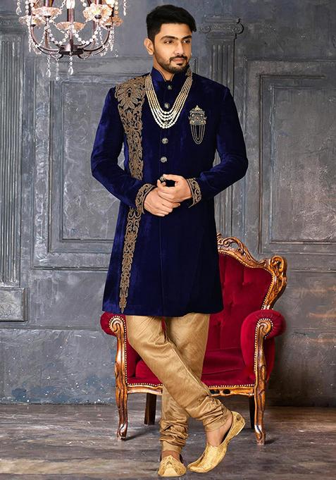 Royal Blue Embroidered Velvet Indo Western Sherwani Set For Men — view on Indya
