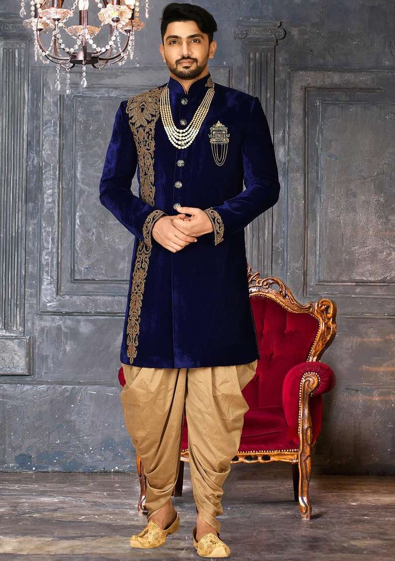 Royal Blue Embroidered Velvet Indo Western Sherwani Set For Men - Indya
