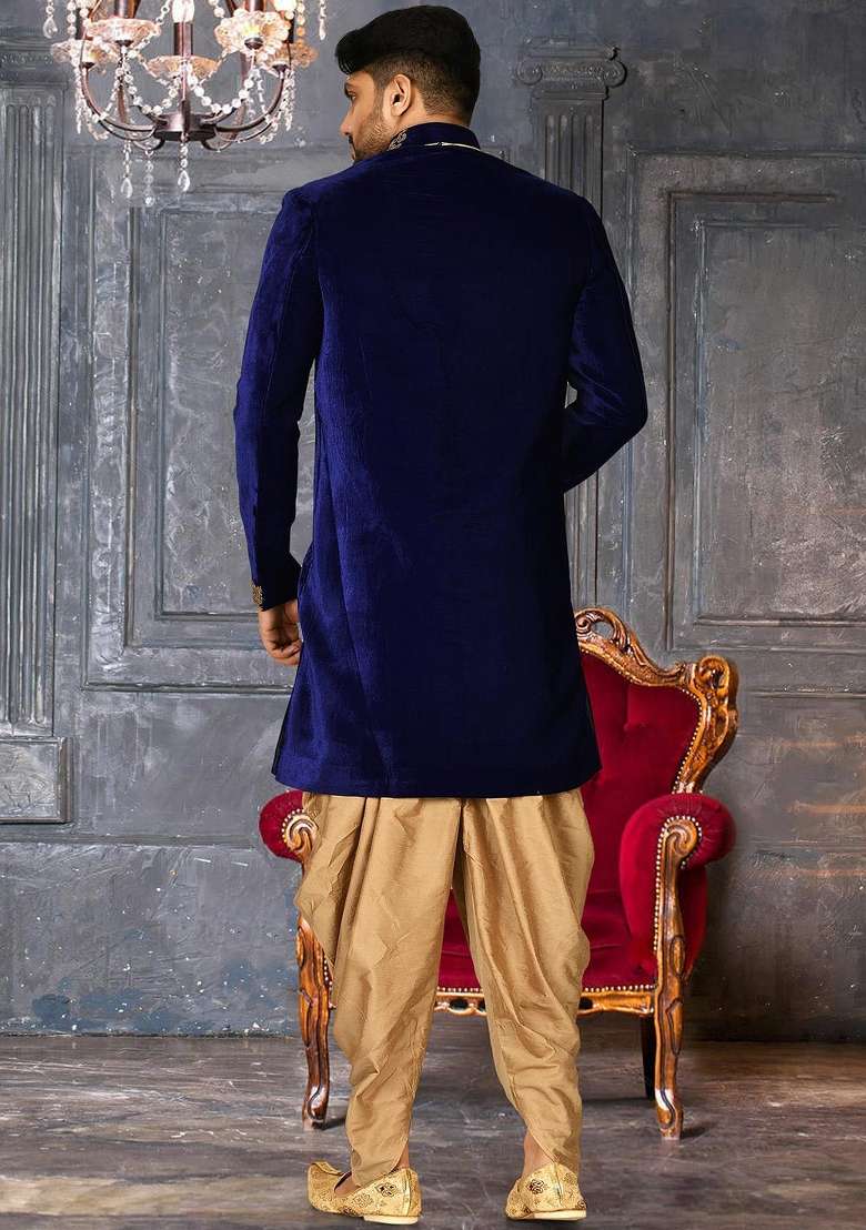 Royal Blue Embroidered Velvet Indo Western Sherwani Set For Men - Indya