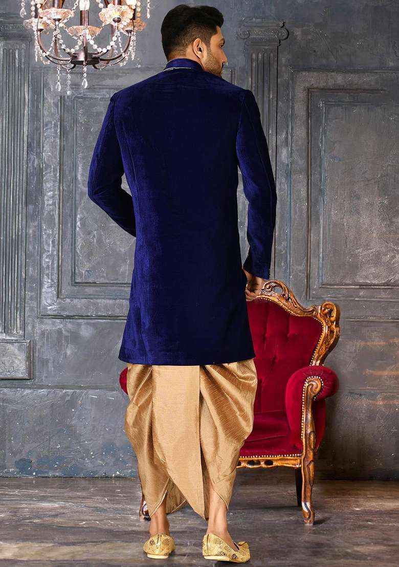 Royal Blue Embroidered Velvet Indo Western Sherwani Set For Men - Indya