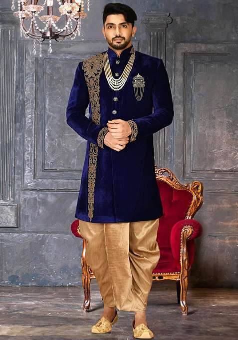 Royal Blue Embroidered Velvet Indo Western Sherwani Set For Men