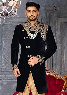Navy Blue Embroidered Velvet Indo Western Sherwani For Men
