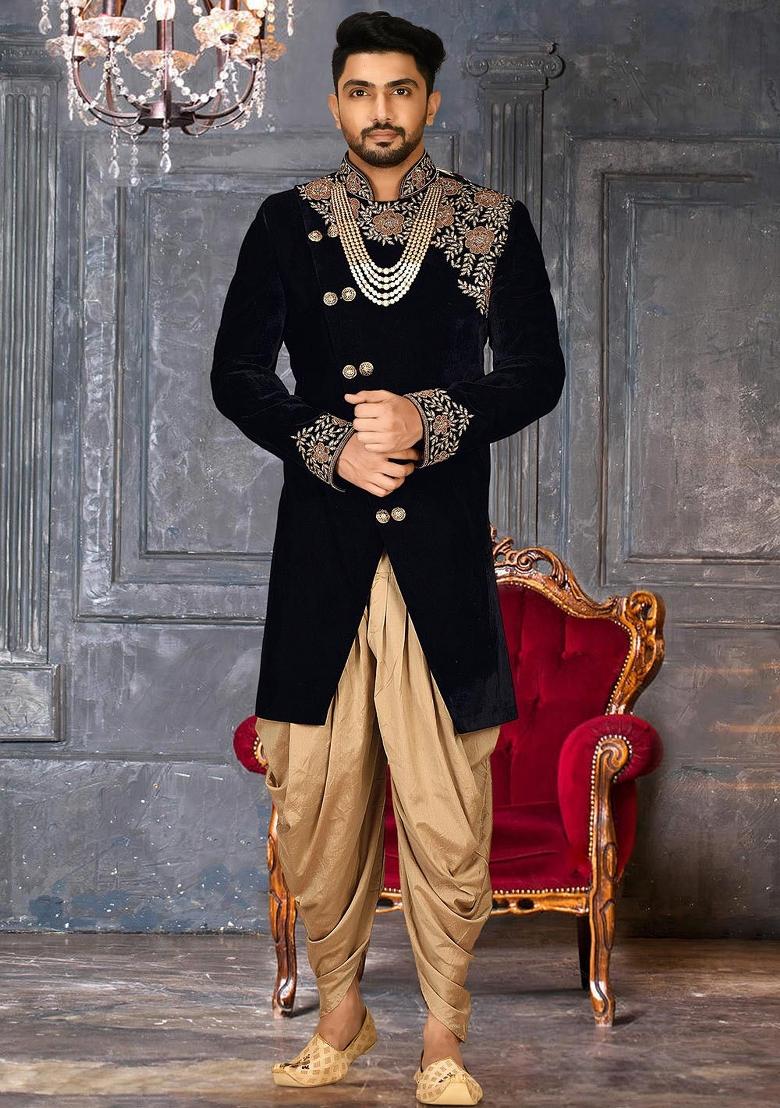 Navy Blue Embroidered Velvet Indo Western Sherwani Set For Men