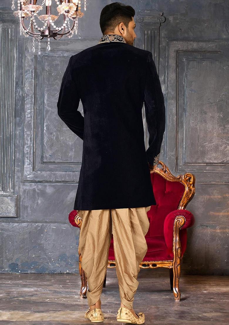 Navy Blue Embroidered Velvet Indo Western Sherwani Set For Men