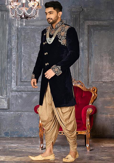 Navy Blue Embroidered Velvet Indo Western Sherwani Set For Men