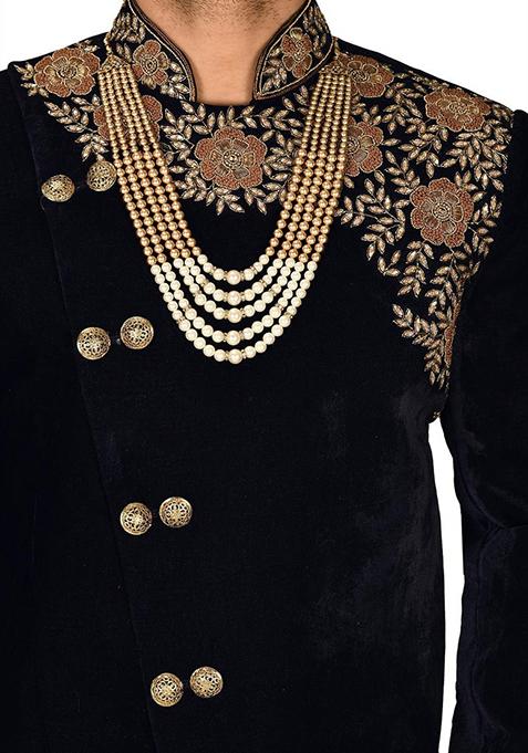 Navy Blue Embroidered Velvet Indo Western Sherwani Set For Men