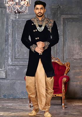 Navy Blue Embroidered Velvet Indo Western Sherwani Set For Men