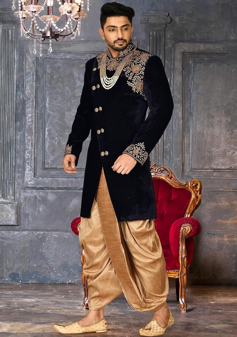 Navy Blue Embroidered Velvet Indo Western Sherwani Set For Men