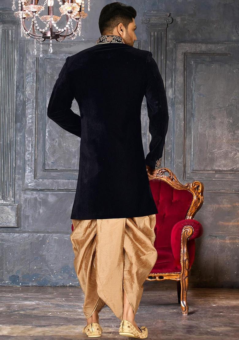 Navy Blue Embroidered Velvet Indo Western Sherwani Set For Men