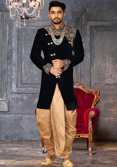 Navy Blue Embroidered Velvet Indo Western Sherwani Set For Men