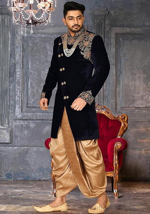 Navy Blue Embroidered Velvet Indo Western Sherwani Set For Men