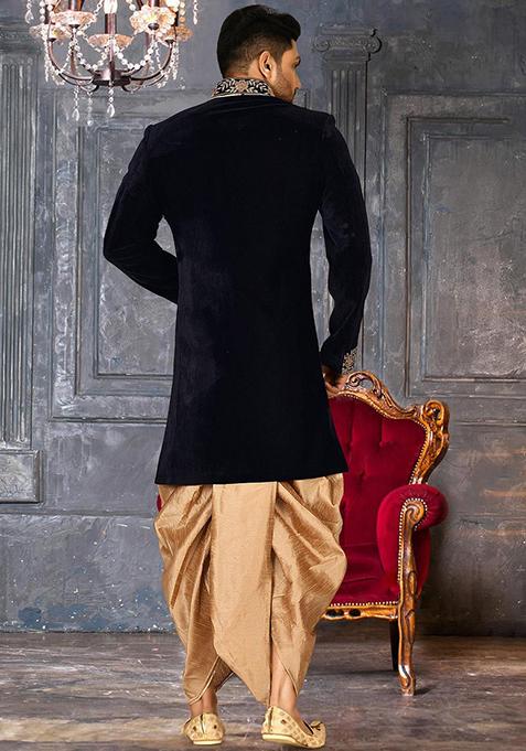 Navy Blue Embroidered Velvet Indo Western Sherwani Set For Men