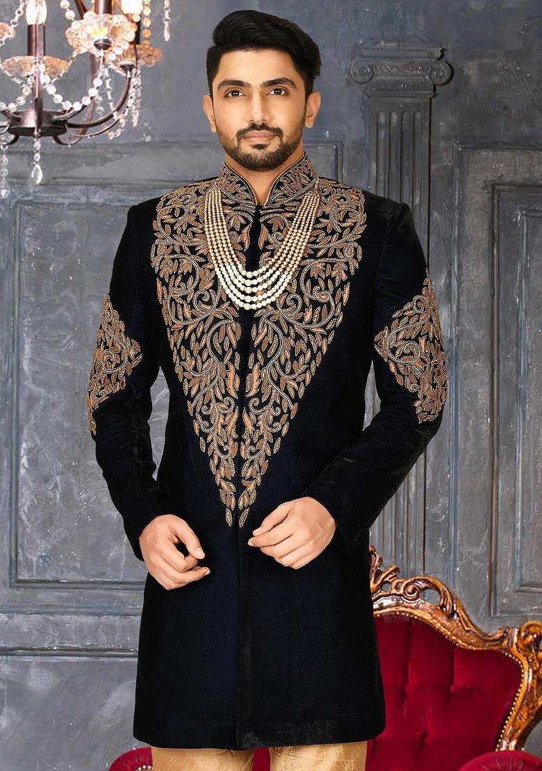 Navy Blue Embroidered Velvet Indo Western Sherwani For Men