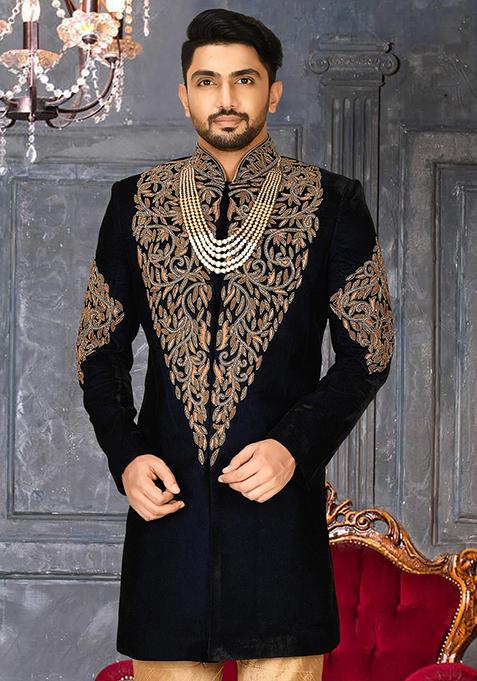 Navy Blue Embroidered Velvet Indo Western Sherwani For Men