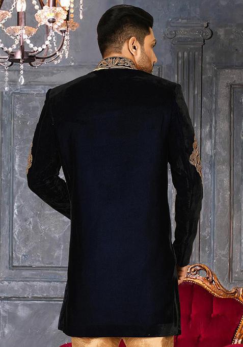 Navy Blue Embroidered Velvet Indo Western Sherwani For Men