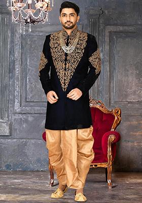 Navy Blue Embroidered Velvet Indo Western Sherwani Set For Men