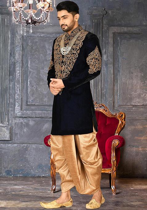 Navy Blue Embroidered Velvet Indo Western Sherwani Set For Men