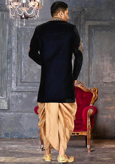 Navy Blue Embroidered Velvet Indo Western Sherwani Set For Men
