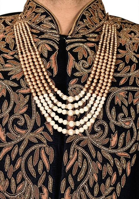 Navy Blue Embroidered Velvet Indo Western Sherwani Set For Men