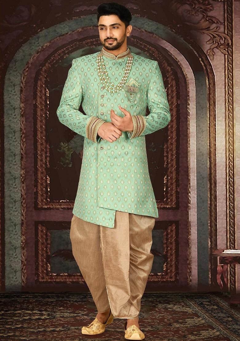 Green Embroidered Jacquard Indo Western Sherwani For Men