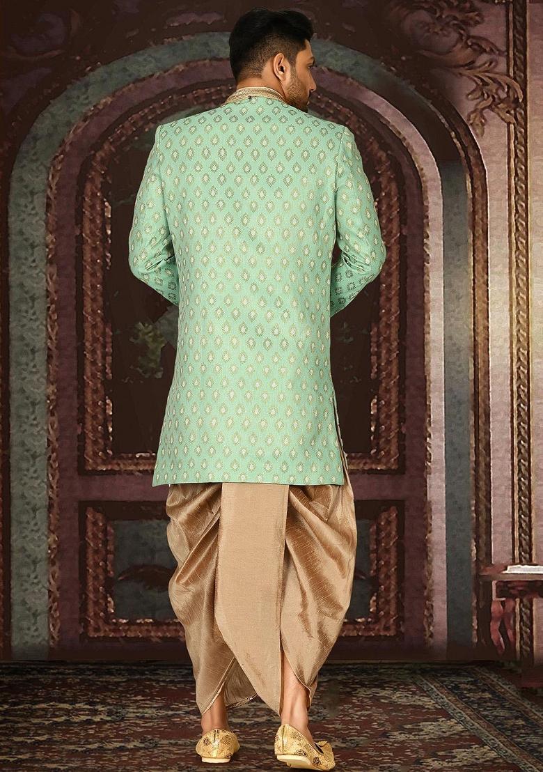 Green Embroidered Jacquard Indo Western Sherwani For Men