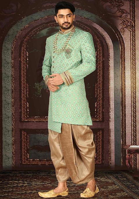 Green Embroidered Jacquard Indo Western Sherwani For Men