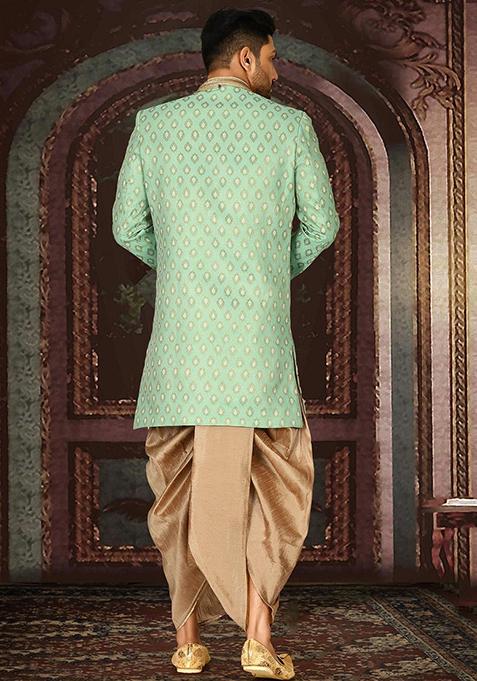 Green Embroidered Jacquard Indo Western Sherwani For Men