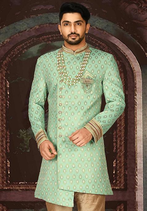Green Embroidered Jacquard Indo Western Sherwani For Men
