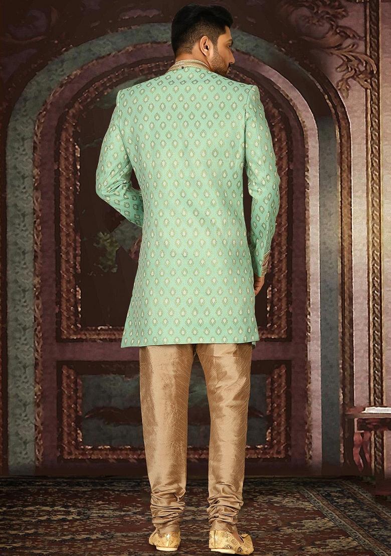 Green Embroidered Jacquard Indo Western Sherwani Set For Men