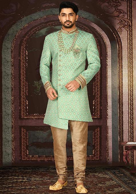 Green Embroidered Jacquard Indo Western Sherwani Set For Men