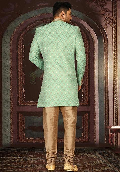 Green Embroidered Jacquard Indo Western Sherwani Set For Men