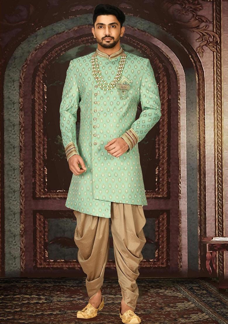 Green Embroidered Jacquard Indo Western Sherwani Set For Men