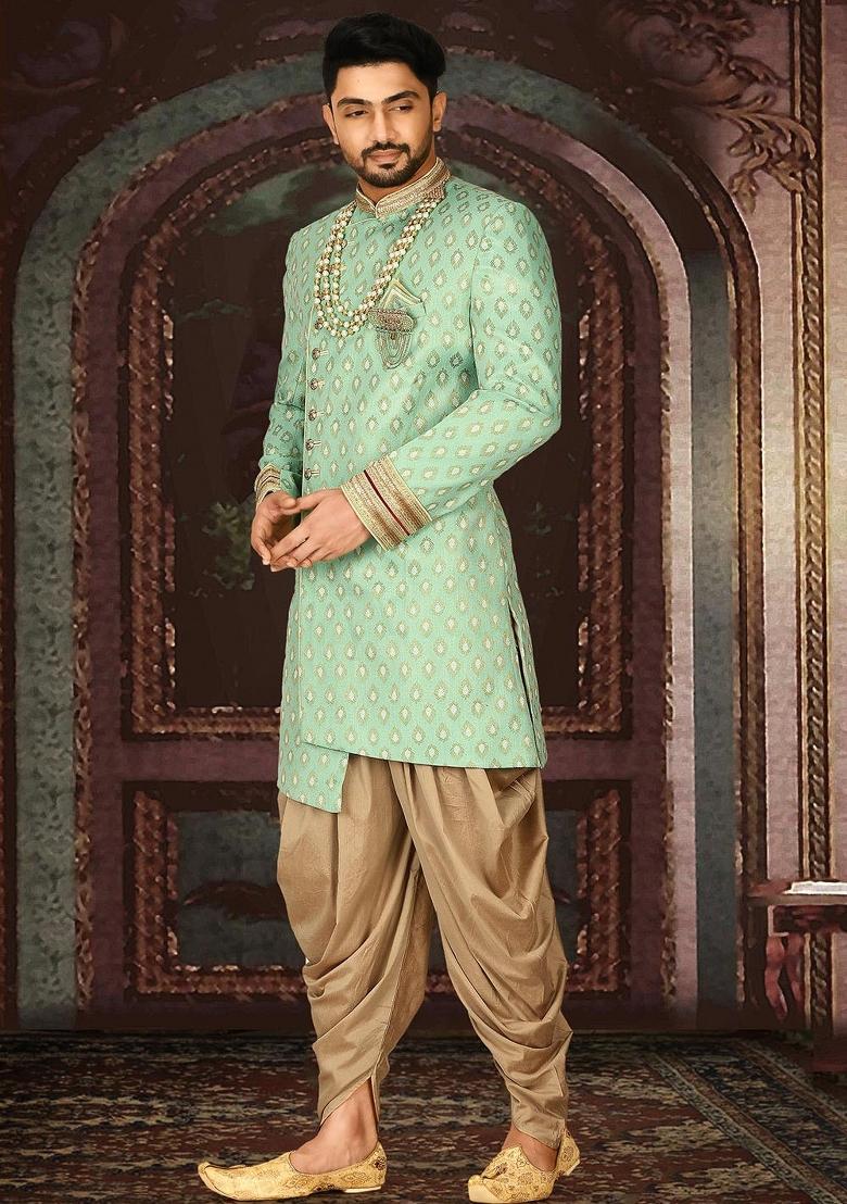 Green Embroidered Jacquard Indo Western Sherwani Set For Men