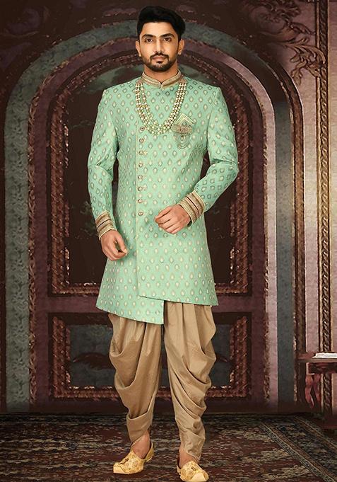 Green Embroidered Jacquard Indo Western Sherwani Set For Men