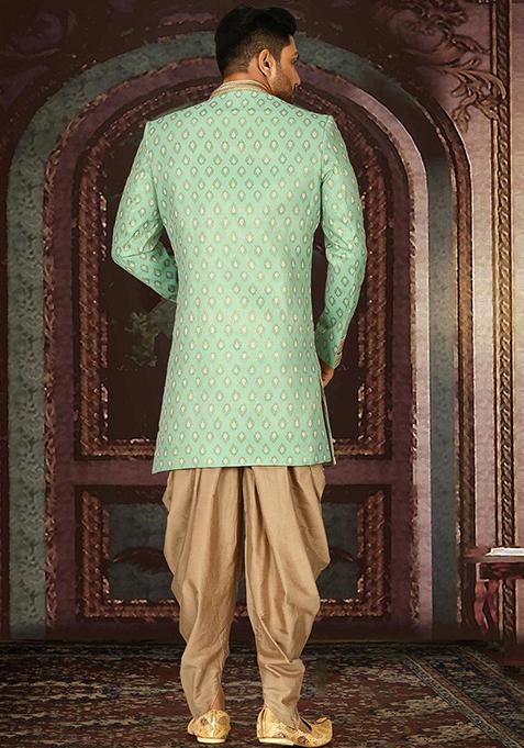 Green Embroidered Jacquard Indo Western Sherwani Set For Men