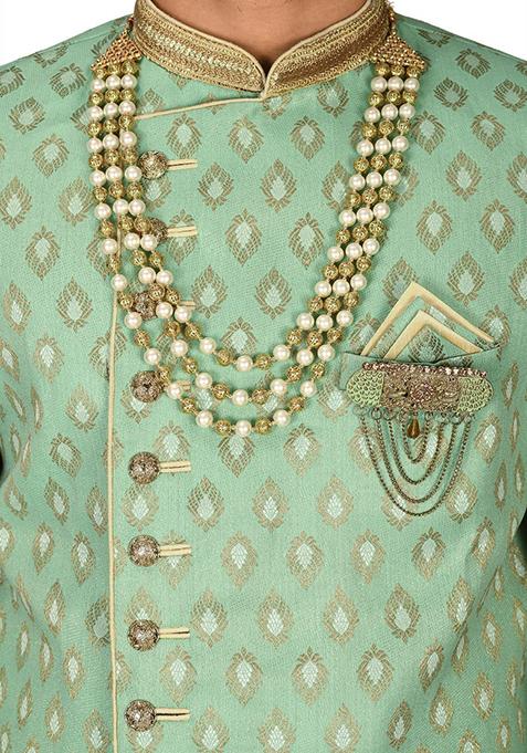 Green Embroidered Jacquard Indo Western Sherwani Set For Men