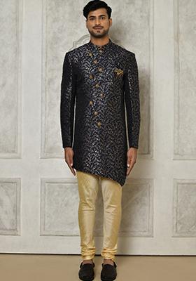 Navy Blue Embroidered Jacquard Indo Western Sherwani For Men