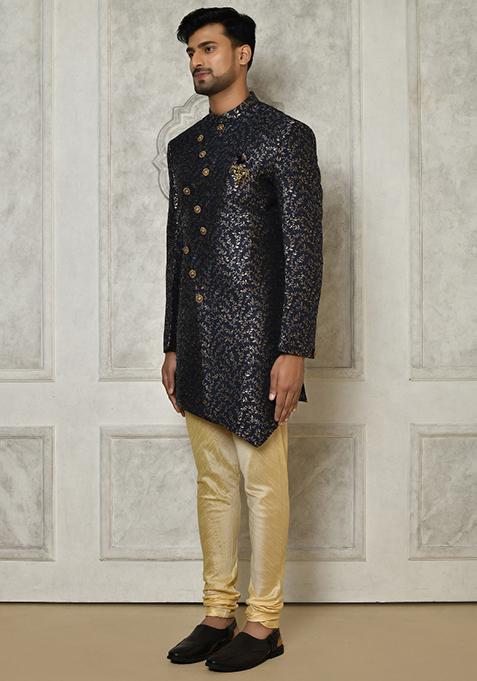 Navy Blue Embroidered Jacquard Indo Western Sherwani For Men