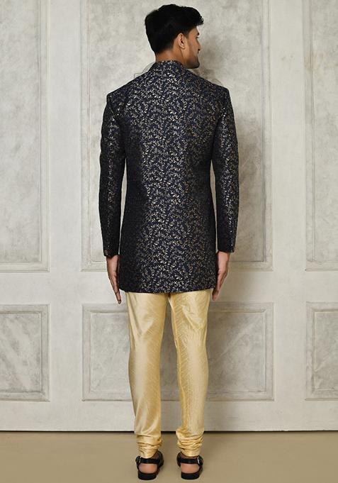 Navy Blue Embroidered Jacquard Indo Western Sherwani For Men