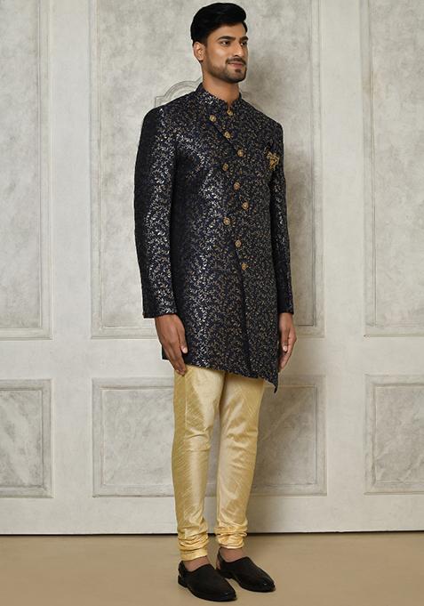 Navy Blue Embroidered Jacquard Indo Western Sherwani For Men
