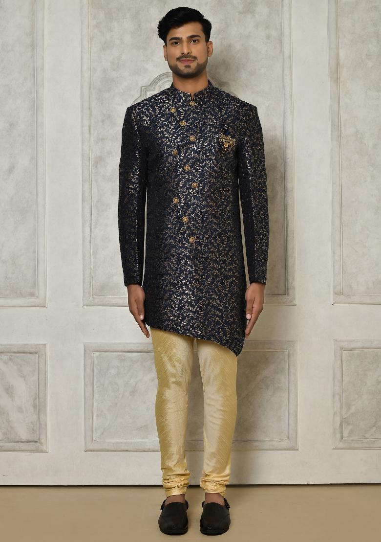Navy Blue Embroidered Jacquard Indo Western Sherwani Set For Men