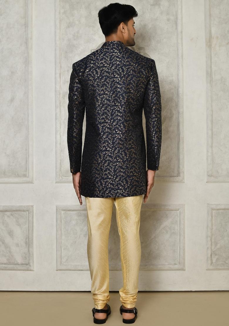 Navy Blue Embroidered Jacquard Indo Western Sherwani Set For Men