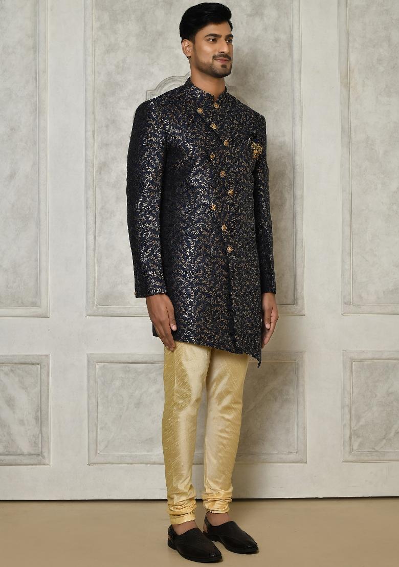 Navy Blue Embroidered Jacquard Indo Western Sherwani Set For Men