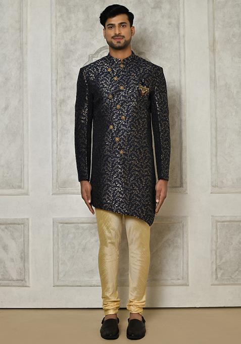 Navy Blue Embroidered Jacquard Indo Western Sherwani Set For Men