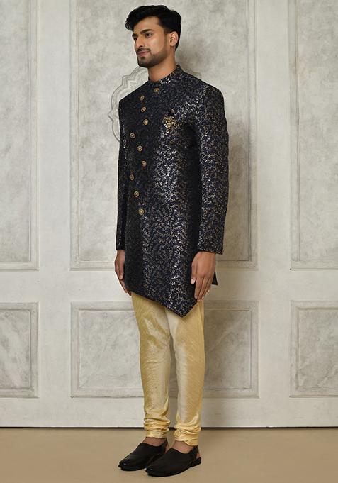 Navy Blue Embroidered Jacquard Indo Western Sherwani Set For Men